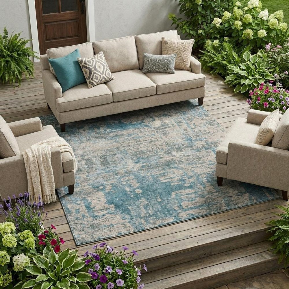 9' X 12' Teal Blue And Pewter Abstract Washable Indoor Outdoor Area Rug — view 5