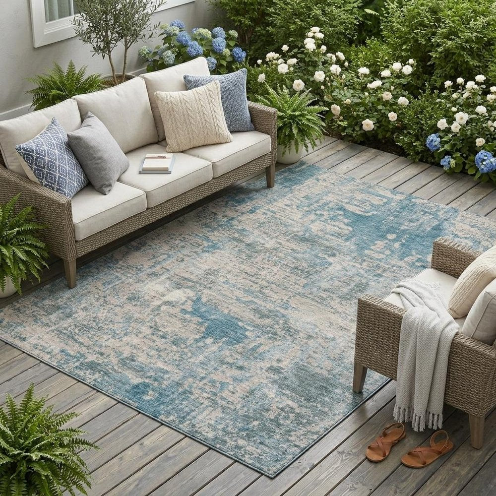 10' X 14' Teal Blue And Pewter Abstract Washable Indoor Outdoor Area Rug HomeRoots