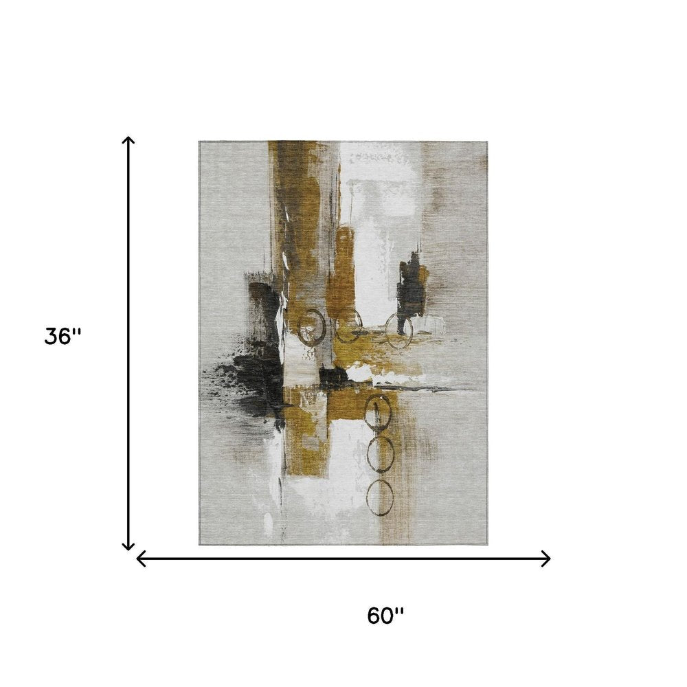 3' X 5' Brown And Silver Abstract Washable Indoor Outdoor Area Rug HomeRoots