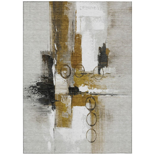5' X 8' Brown And Silver Abstract Washable Indoor Outdoor Area Rug