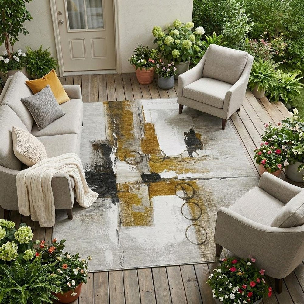 9' X 12' Brown And Silver Abstract Washable Indoor Outdoor Area Rug — view 5