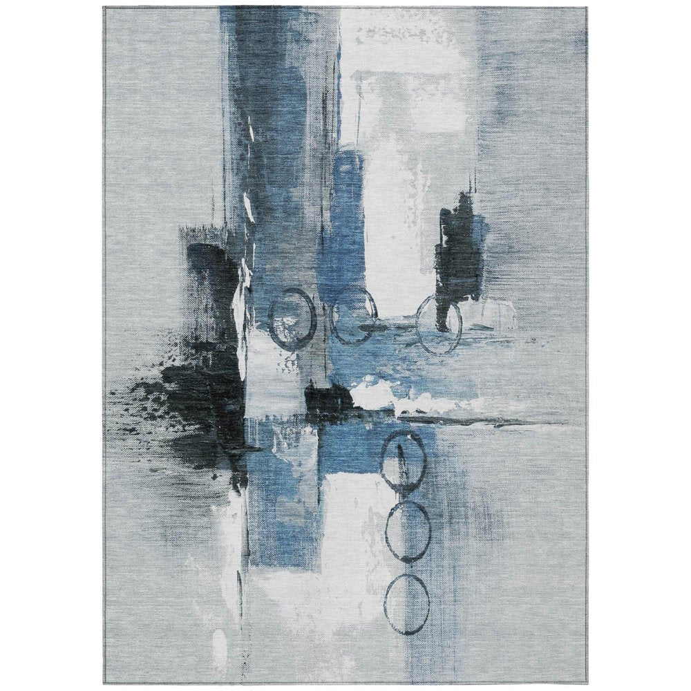 3' X 5' Blue And Silver Abstract Washable Indoor Outdoor Area Rug