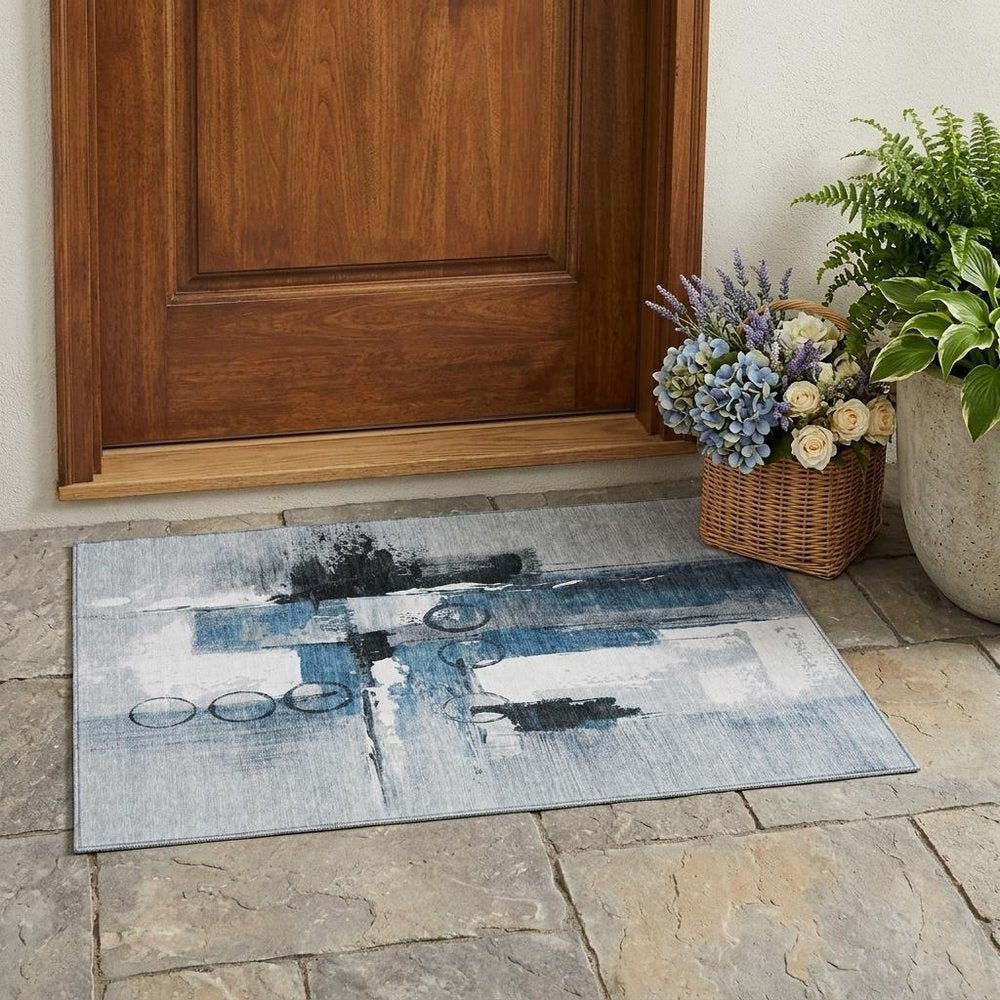 3' X 5' Blue And Silver Abstract Washable Indoor Outdoor Area Rug HomeRoots