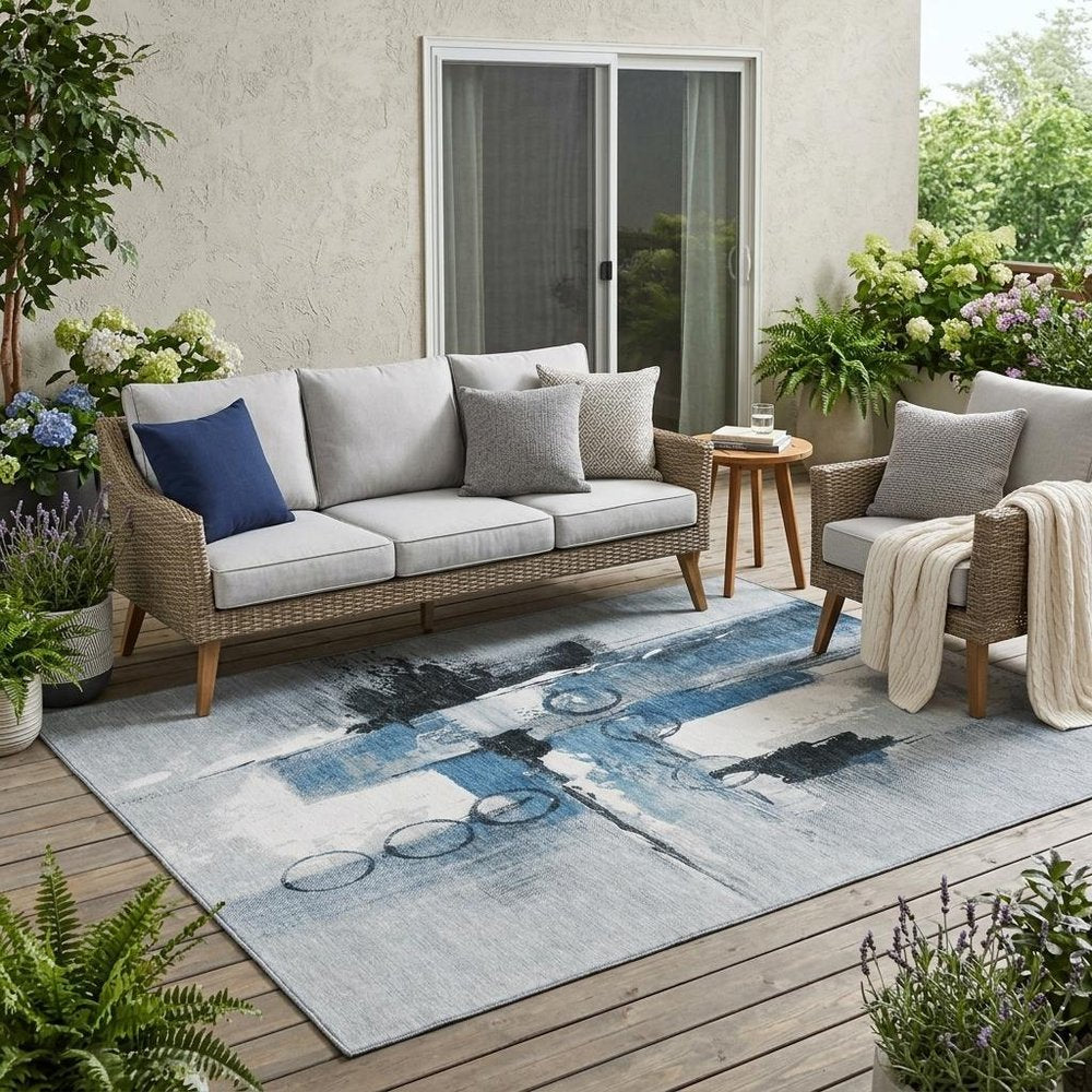 5' X 8' Blue And Silver Abstract Washable Indoor Outdoor Area Rug HomeRoots