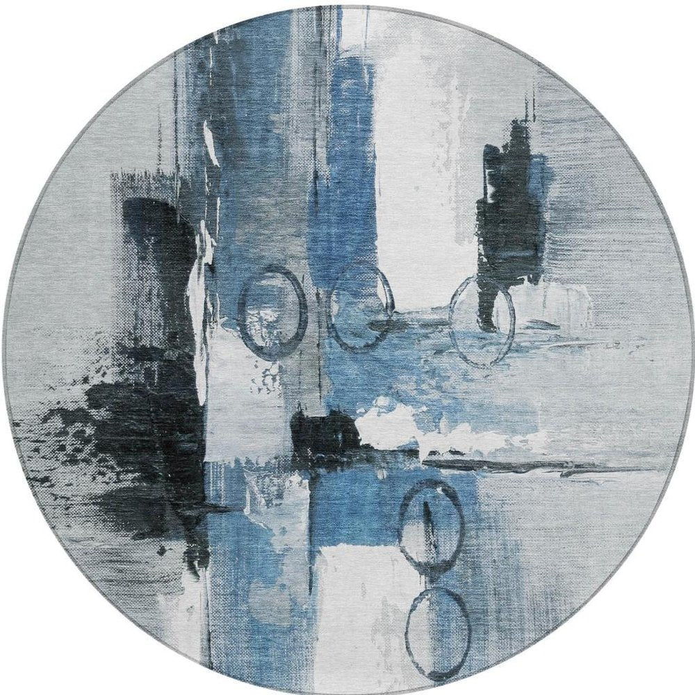 8' Blue And Silver Round Abstract Washable Indoor Outdoor Area Rug HomeRoots