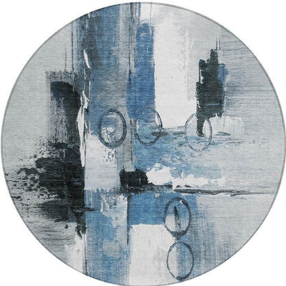 8' Blue And Silver Round Abstract Washable Indoor Outdoor Area Rug HomeRoots