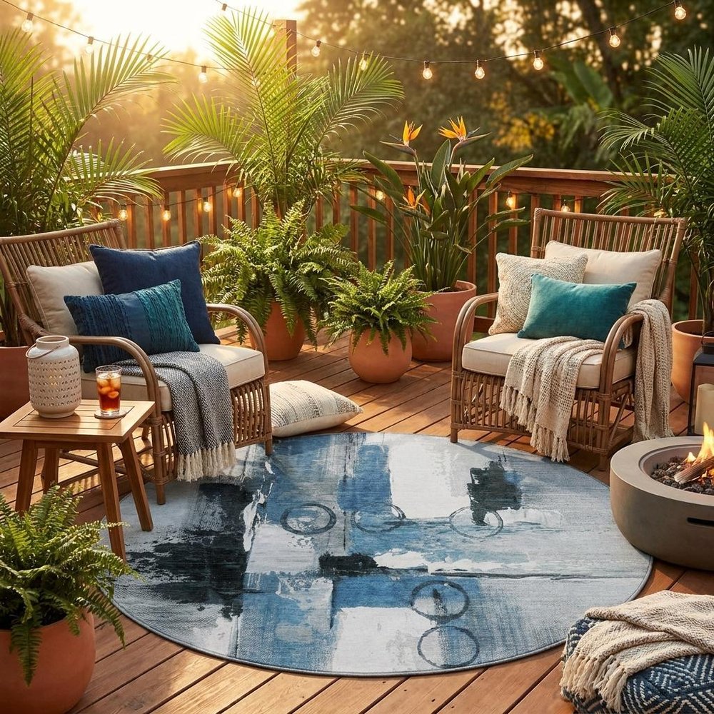 8' Blue And Silver Round Abstract Washable Indoor Outdoor Area Rug — view 7