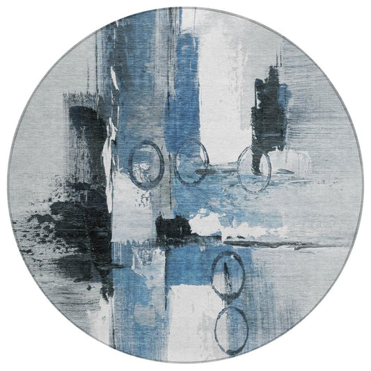 8' Blue And Silver Round Abstract Washable Indoor Outdoor Area Rug