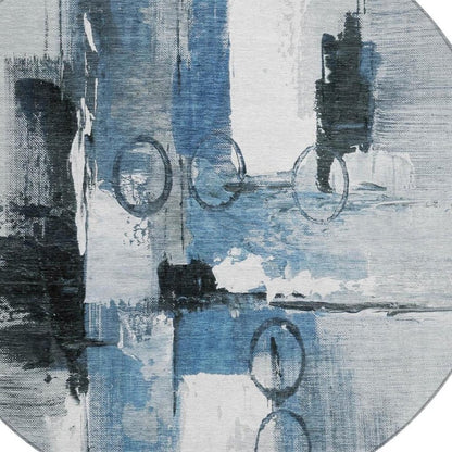8' Blue And Silver Round Abstract Washable Indoor Outdoor Area Rug