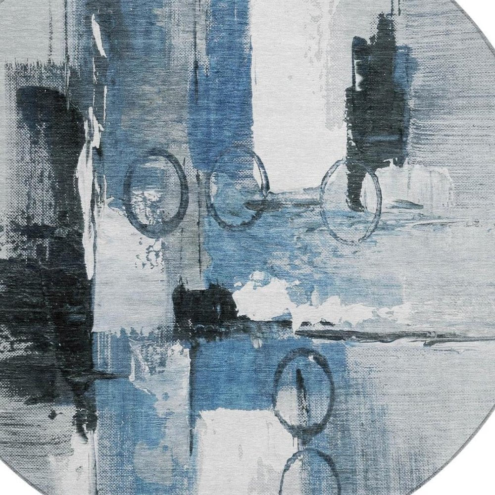 8' Blue And Silver Round Abstract Washable Indoor Outdoor Area Rug HomeRoots