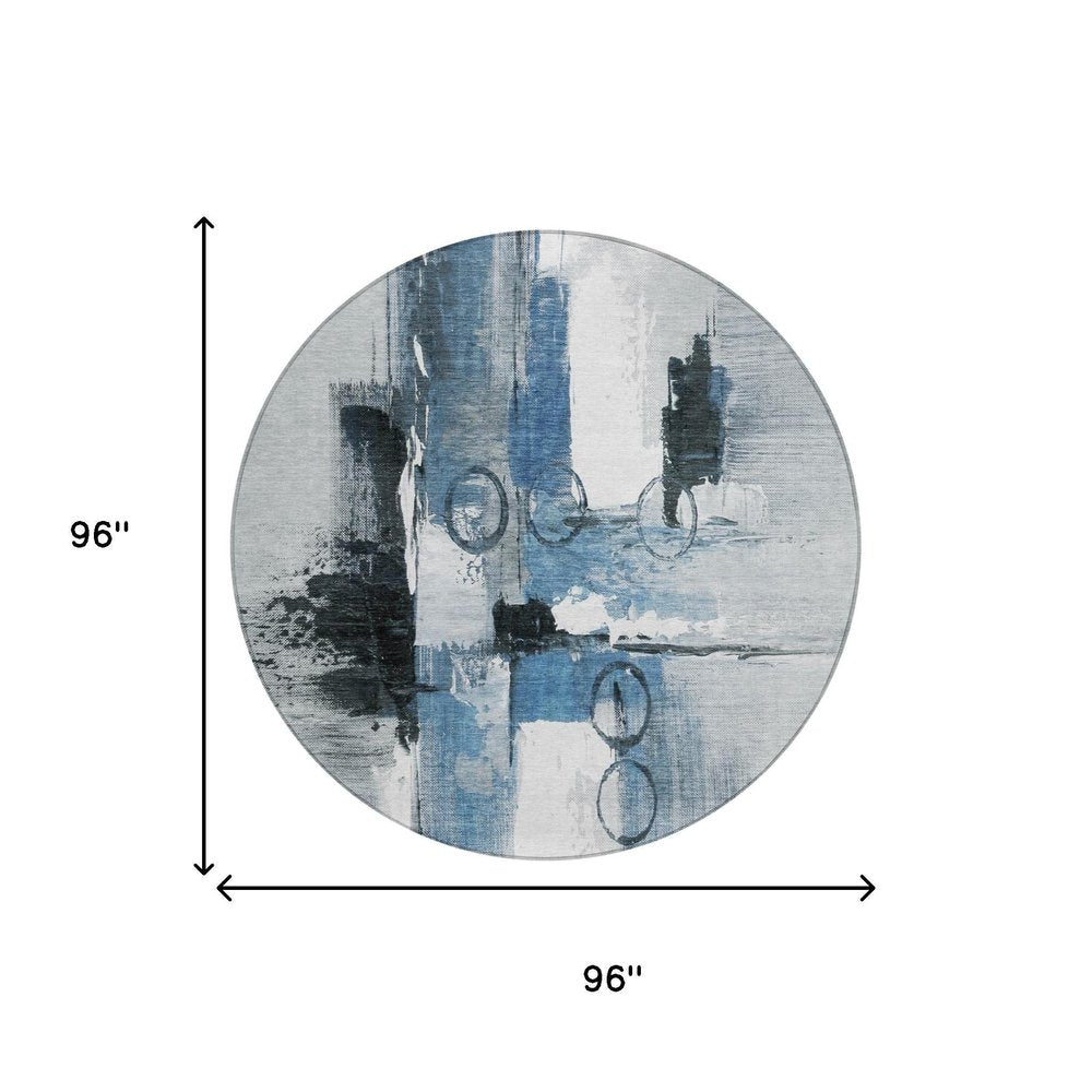 8' Blue And Silver Round Abstract Washable Indoor Outdoor Area Rug — view 4