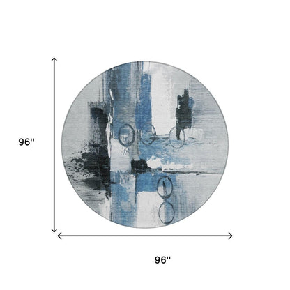 8' Blue And Silver Round Abstract Washable Indoor Outdoor Area Rug