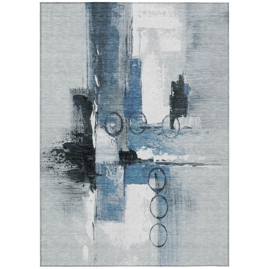 8' X 10' Blue And Silver Abstract Washable Indoor Outdoor Area Rug