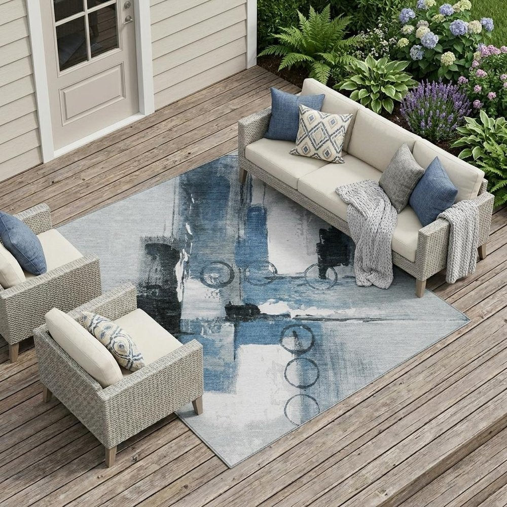 8' X 10' Blue And Silver Abstract Washable Indoor Outdoor Area Rug HomeRoots