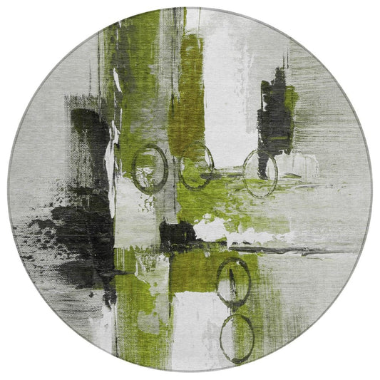 8' Olive Green And Green Round Abstract Washable Indoor Outdoor Area Rug