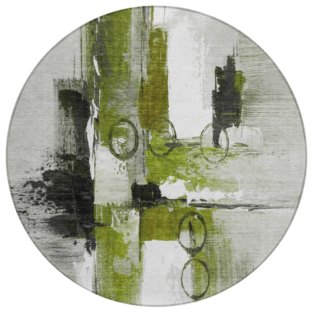 8' Olive Green And Green Round Abstract Washable Indoor Outdoor Area Rug — view 1