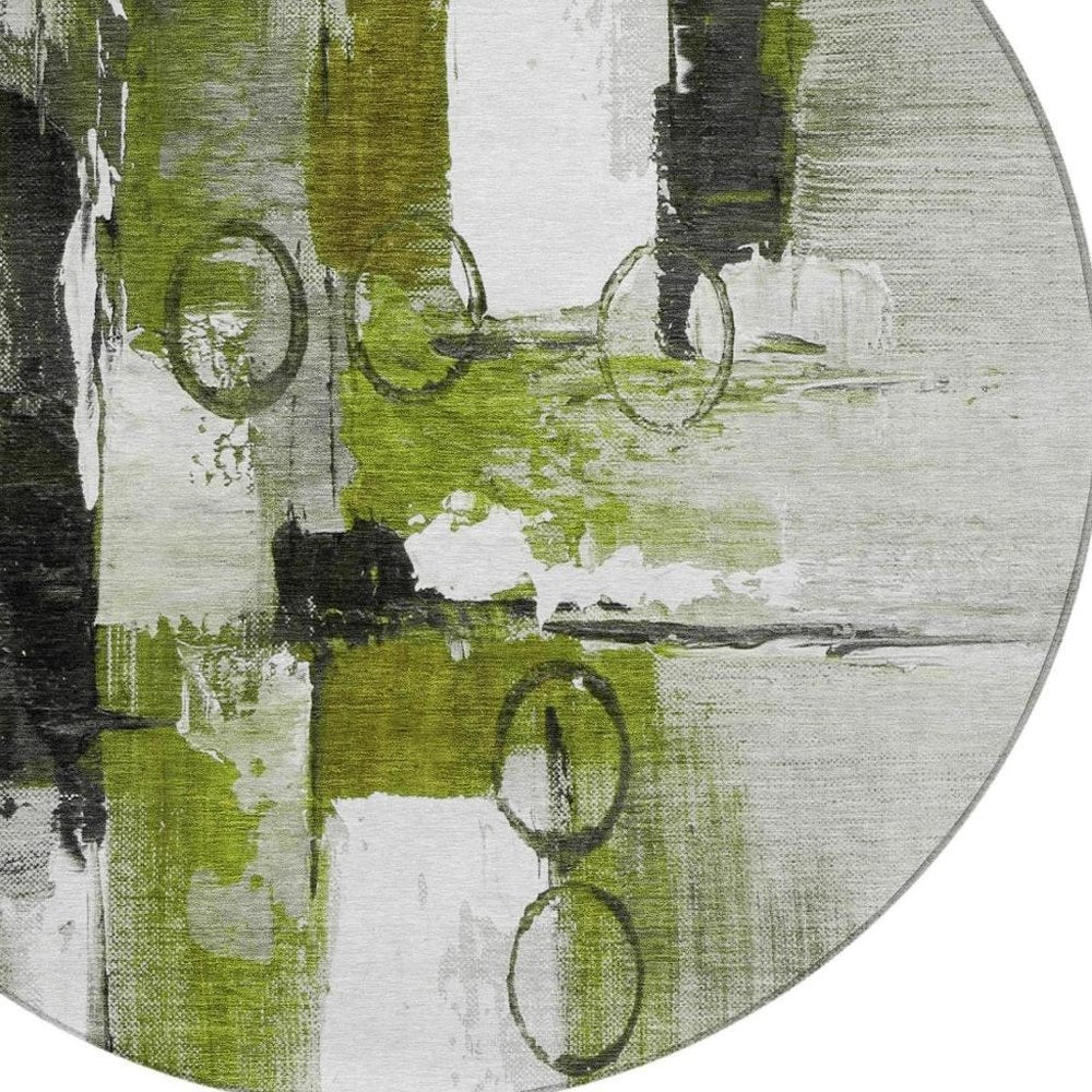 8' Olive Green And Green Round Abstract Washable Indoor Outdoor Area Rug — view 5