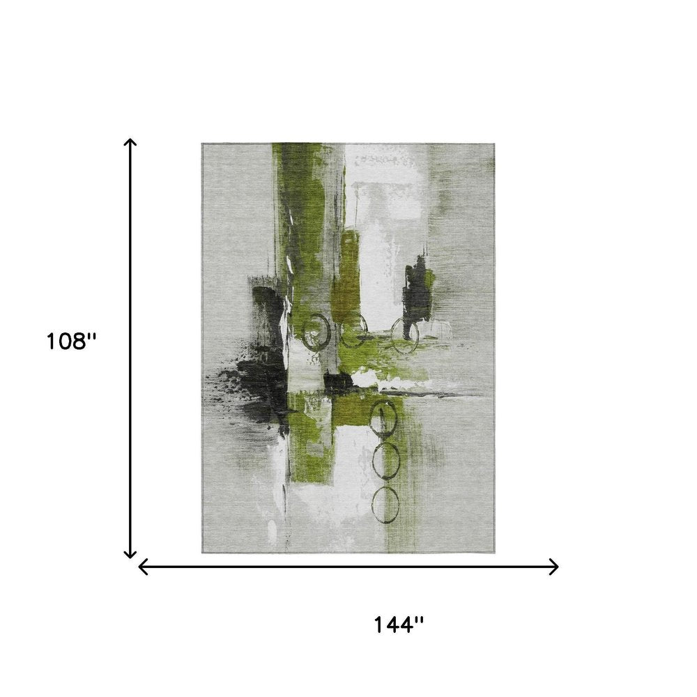 9' X 12' Olive Green And Green Abstract Washable Indoor Outdoor Area Rug HomeRoots