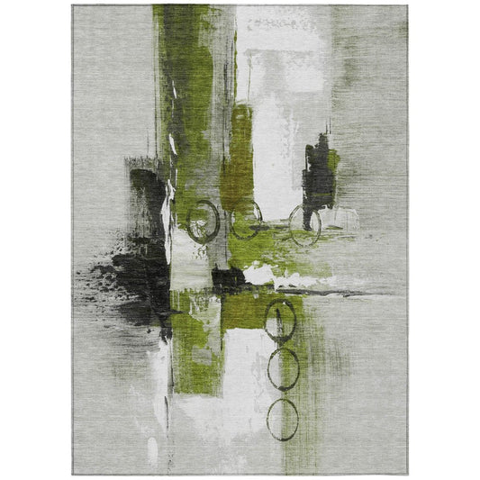 9' X 12' Olive Green And Green Abstract Washable Indoor Outdoor Area Rug