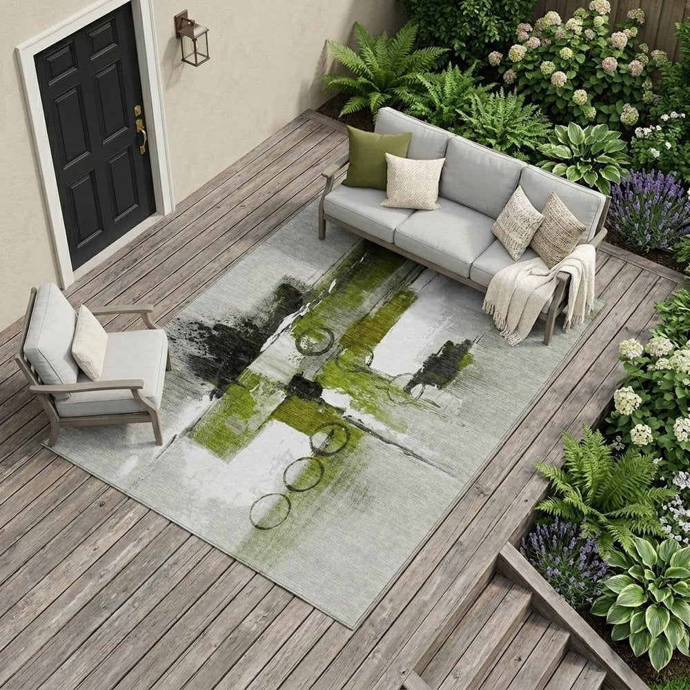 9' X 12' Olive Green And Green Abstract Washable Indoor Outdoor Area Rug — view 5