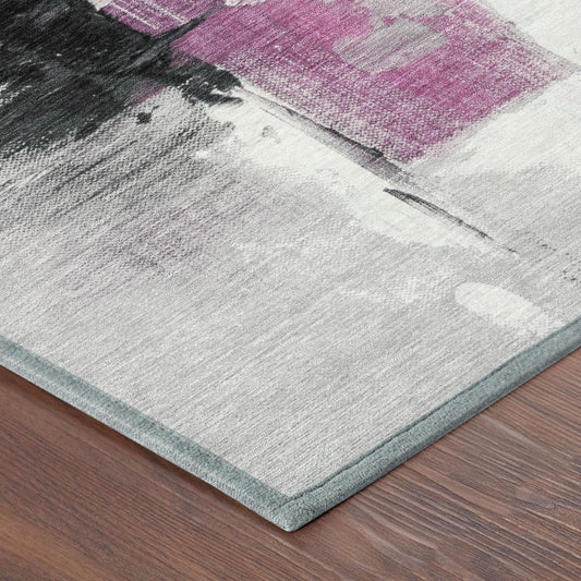 3' X 5' Pink And Silver Abstract Washable Indoor Outdoor Area Rug