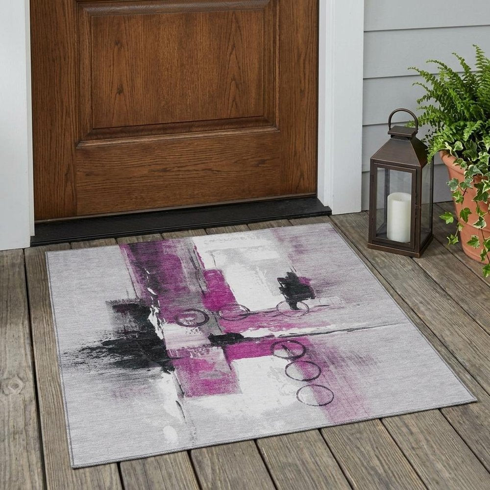 3' X 5' Pink And Silver Abstract Washable Indoor Outdoor Area Rug — view 5