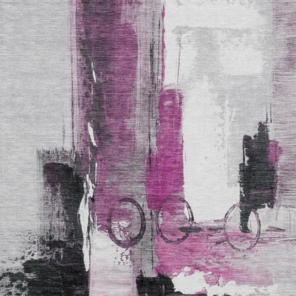 9' X 12' Pink And Silver Abstract Washable Indoor Outdoor Area Rug