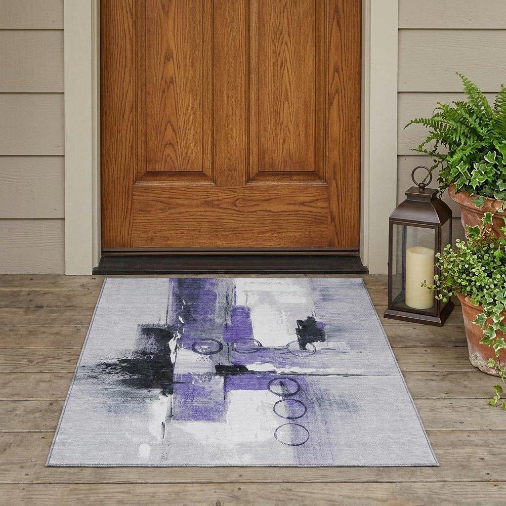 3' X 5' Purple And Silver Abstract Washable Indoor Outdoor Area Rug — view 5