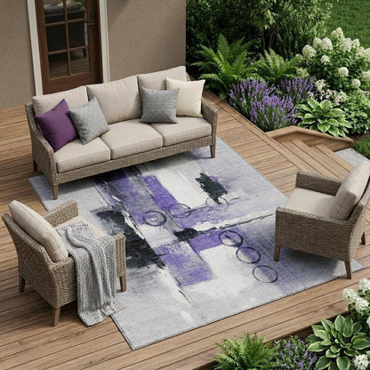 9' X 12' Purple And Silver Abstract Washable Indoor Outdoor Area Rug