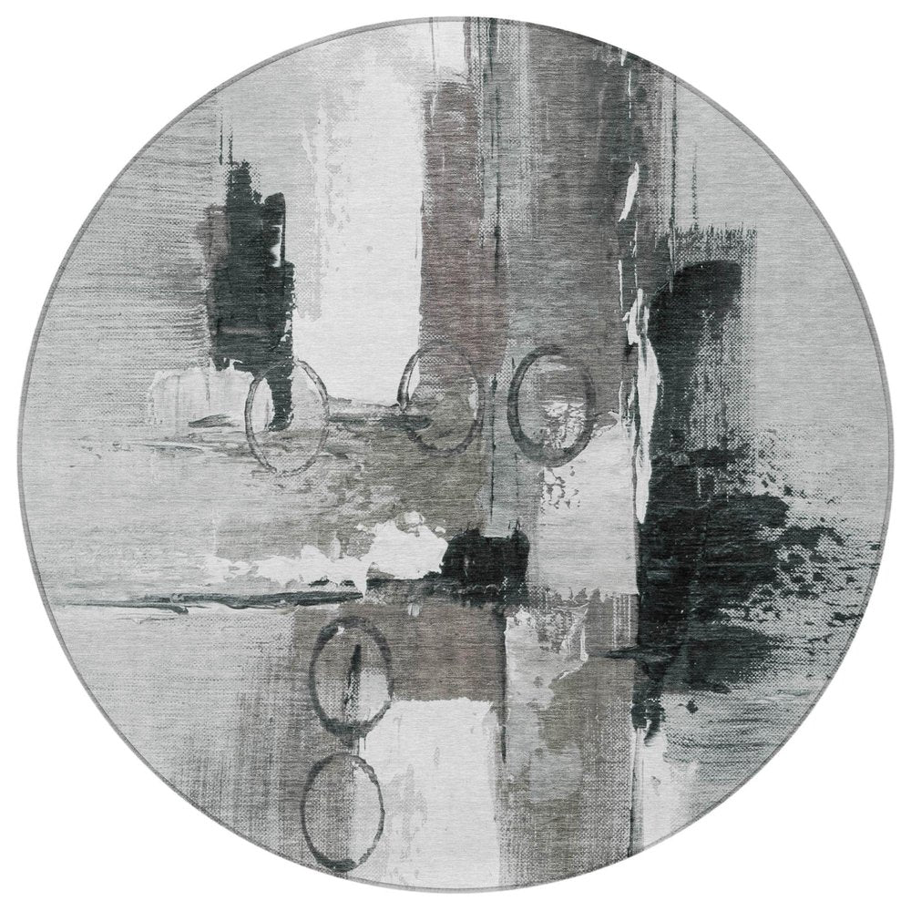 8' Pewter And Gray Round Abstract Washable Indoor Outdoor Area Rug — view 6