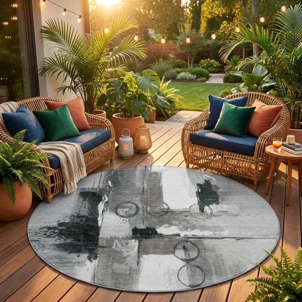 8' Pewter And Gray Round Abstract Washable Indoor Outdoor Area Rug — view 7