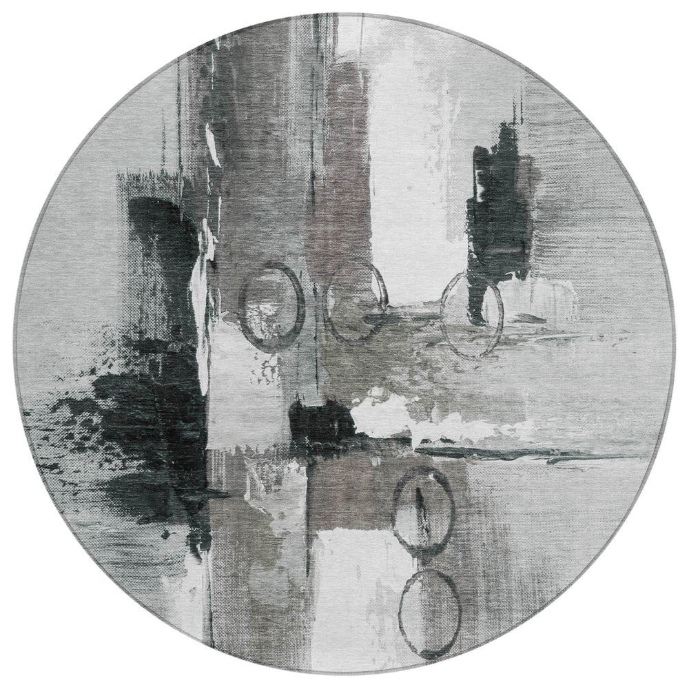 8' Pewter And Gray Round Abstract Washable Indoor Outdoor Area Rug HomeRoots