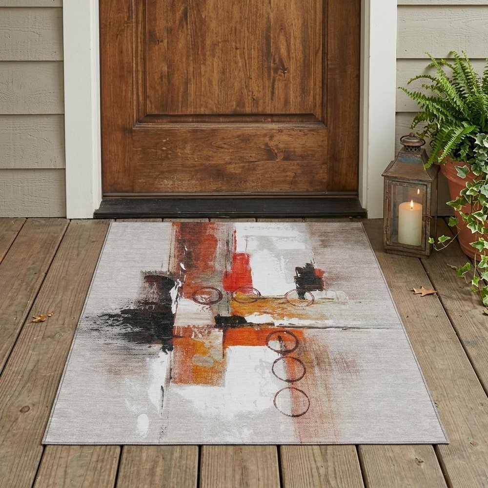 3' X 5' Red And Silver Abstract Washable Indoor Outdoor Area Rug — view 5