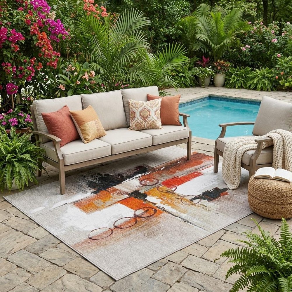 5' X 8' Red And Silver Abstract Washable Indoor Outdoor Area Rug