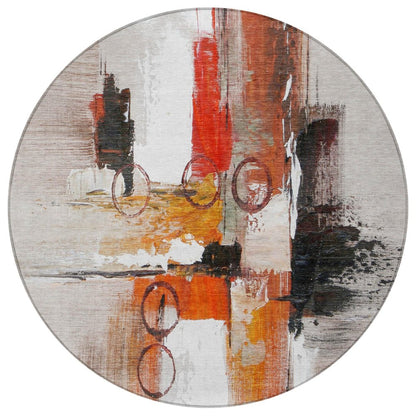 8' Red And Silver Round Abstract Washable Indoor Outdoor Area Rug