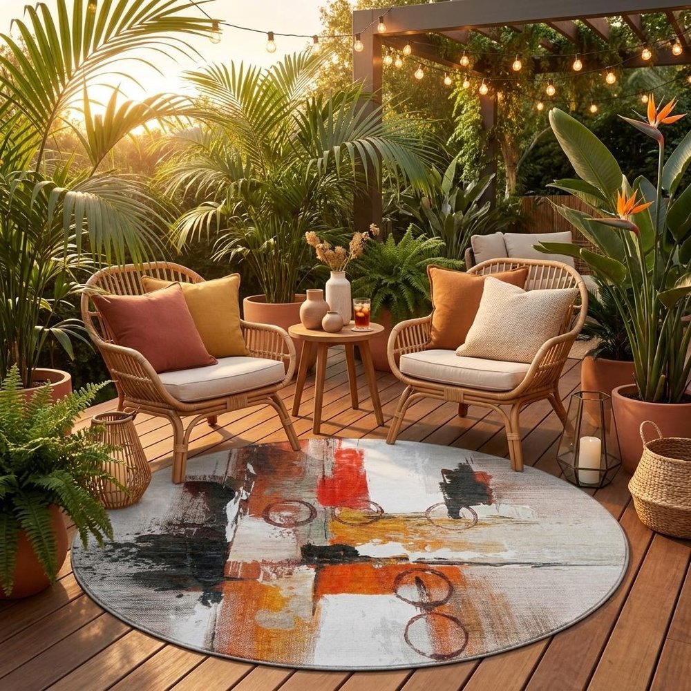 8' Red And Silver Round Abstract Washable Indoor Outdoor Area Rug — view 7