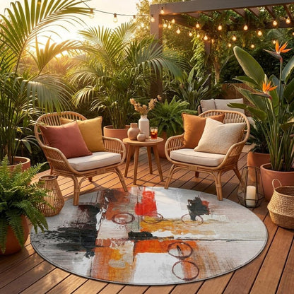 8' Red And Silver Round Abstract Washable Indoor Outdoor Area Rug