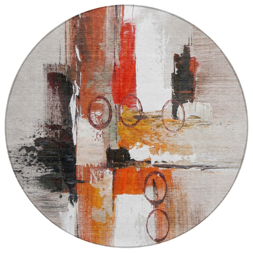 8' Red And Silver Round Abstract Washable Indoor Outdoor Area Rug — view 1
