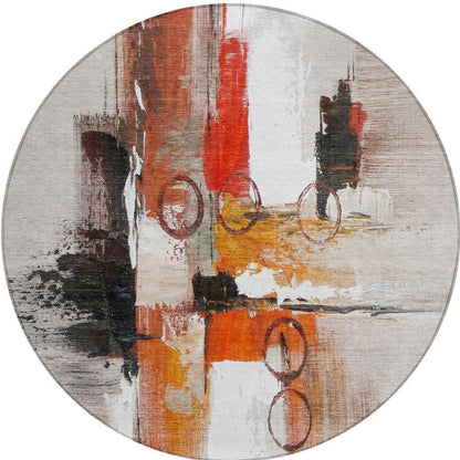 8' Red And Silver Round Abstract Washable Indoor Outdoor Area Rug