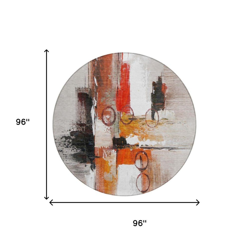 8' Red And Silver Round Abstract Washable Indoor Outdoor Area Rug