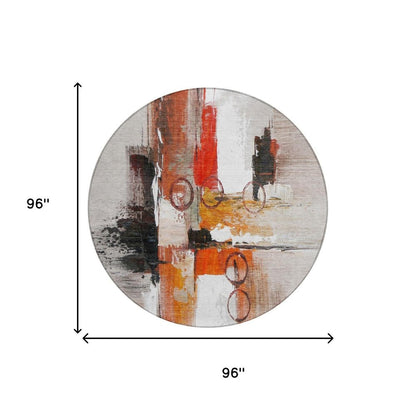 8' Red And Silver Round Abstract Washable Indoor Outdoor Area Rug