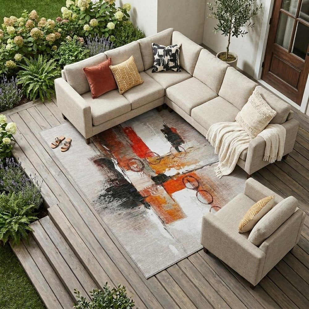 9' X 12' Red And Silver Abstract Washable Indoor Outdoor Area Rug — view 5
