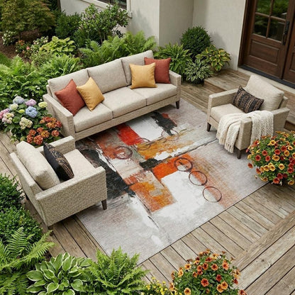 10' X 14' Red And Silver Abstract Washable Indoor Outdoor Area Rug