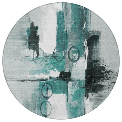 8' Teal Blue And Silver Round Abstract Washable Indoor Outdoor Area Rug HomeRoots