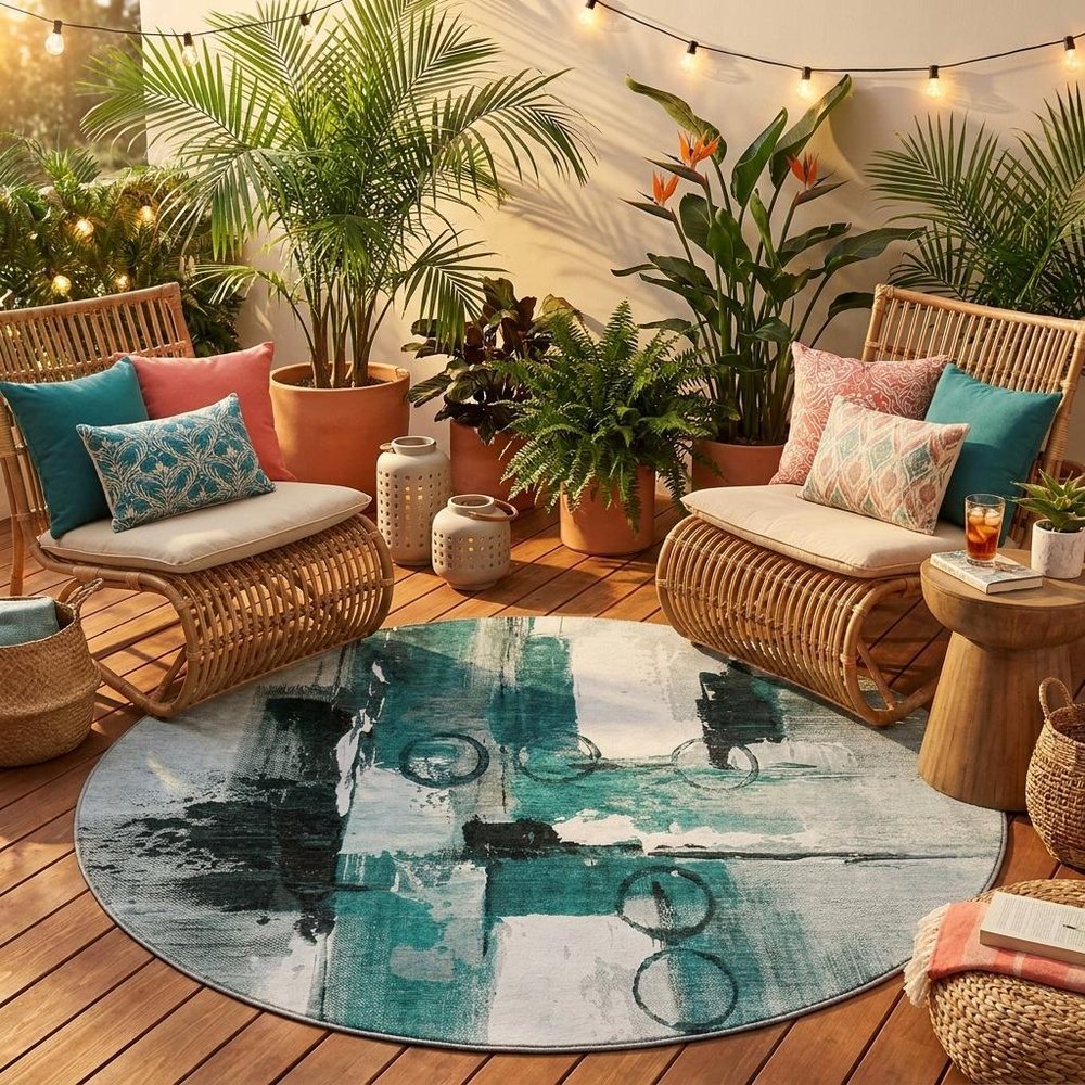 8' Teal Blue And Silver Round Abstract Washable Indoor Outdoor Area Rug — view 7