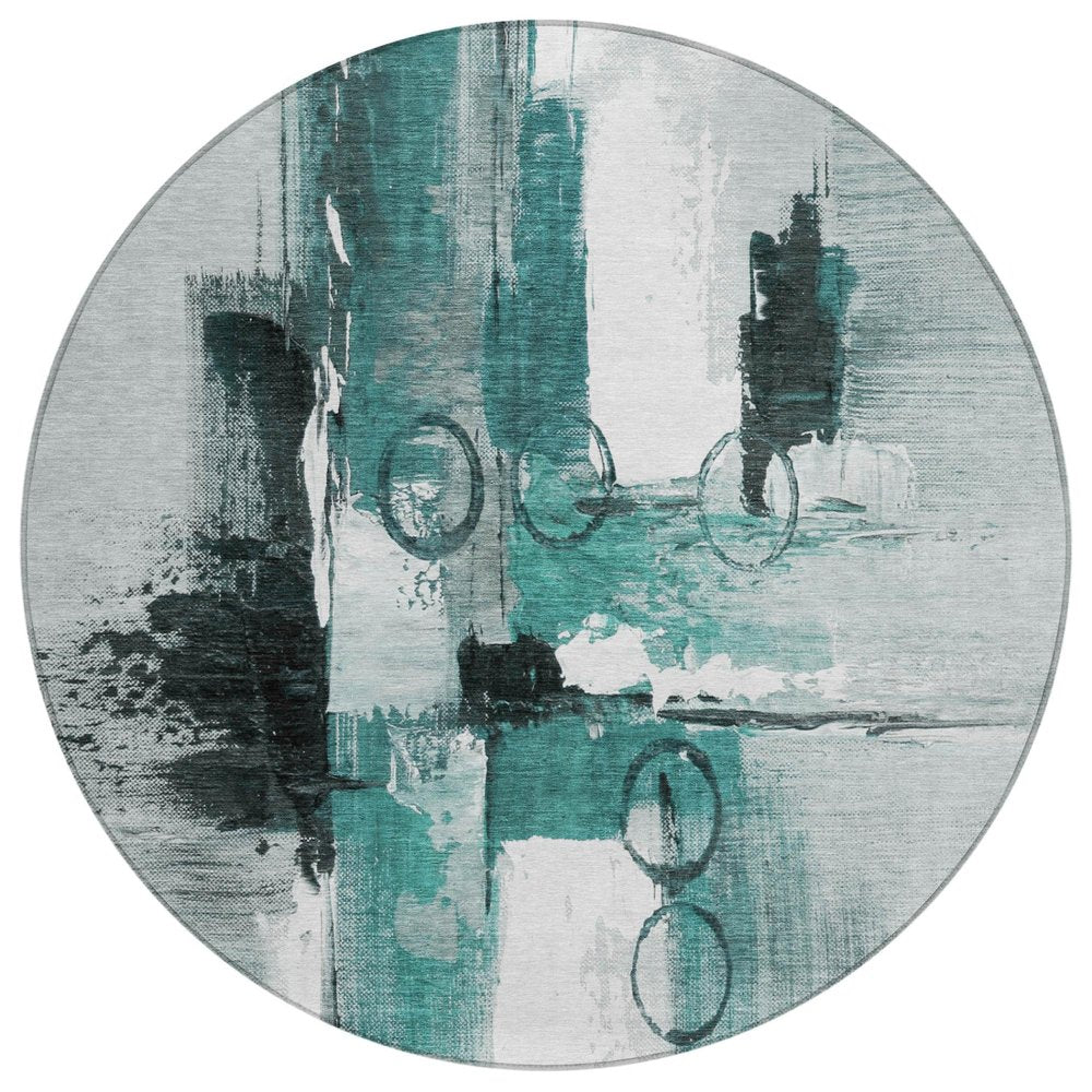 8' Teal Blue And Silver Round Abstract Washable Indoor Outdoor Area Rug HomeRoots