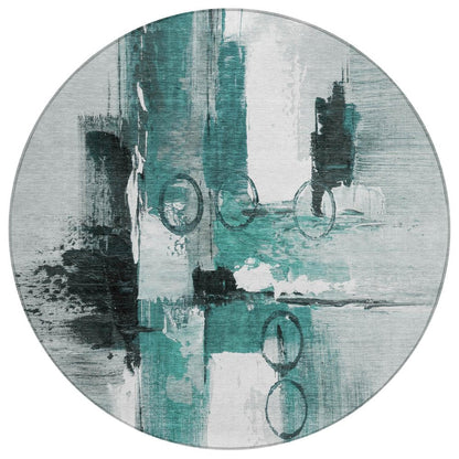 8' Teal Blue And Silver Round Abstract Washable Indoor Outdoor Area Rug HomeRoots