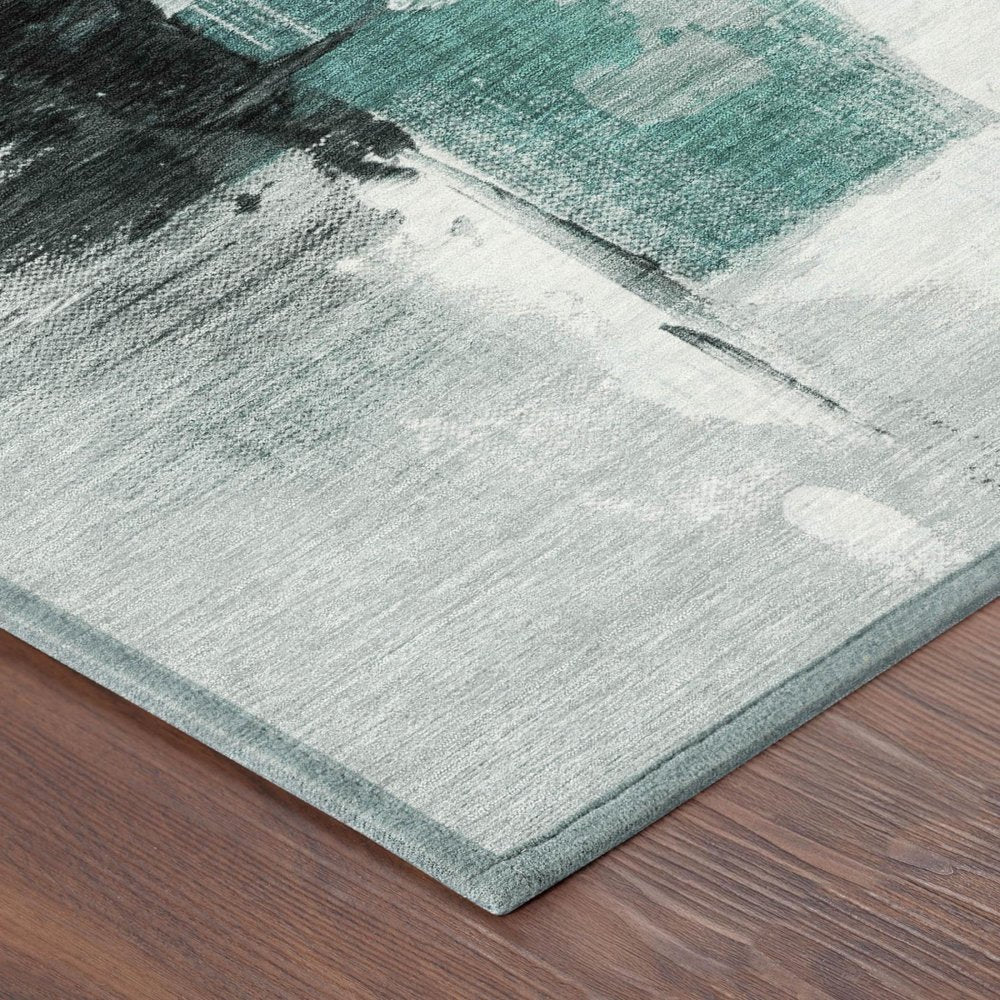 8' Teal Blue And Silver Round Abstract Washable Indoor Outdoor Area Rug