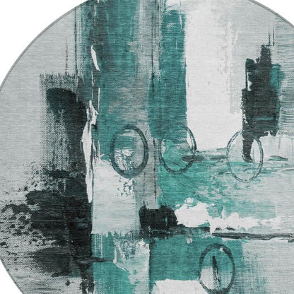 8' Teal Blue And Silver Round Abstract Washable Indoor Outdoor Area Rug HomeRoots