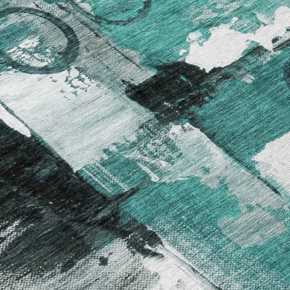 8' Teal Blue And Silver Round Abstract Washable Indoor Outdoor Area Rug HomeRoots